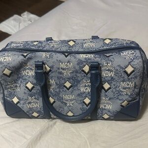 Pre owned MCM Blue Monogram crossbody Bag with Silver Studs